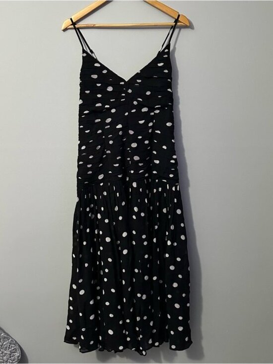 LOFT Polka Dot Midi Dress Black White Ruched Tiered Size 12 Coquette - Picture 2 of 12